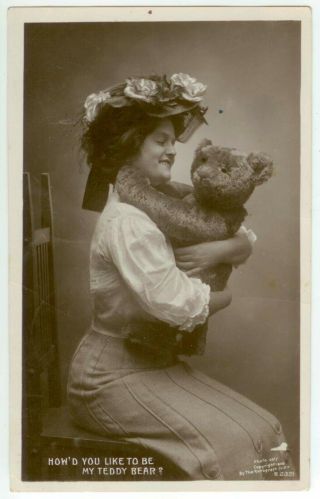 1908 Teenage Girl With Large Teddy Bear Real Photo - Rotograph B2321