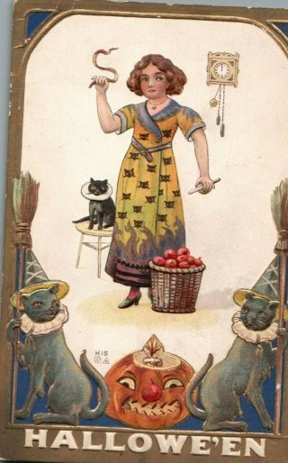 Halloween - Pealing Apples - Black Cat - Witches - J.  O.  L.