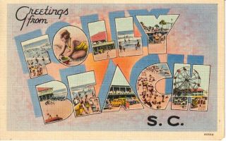 1943 Large Letter Greetings From Folly Beach,  Sc South Carolina Pc