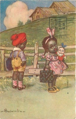 Black Children Doll Colombo Artist 1920s Postcard Comic Humor 6273