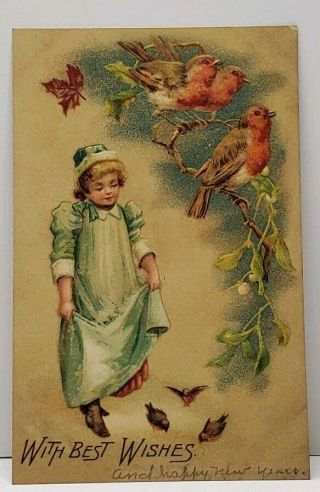 With Best Wishes Sweet Girl With Birds Embossed Germany Postcard G4