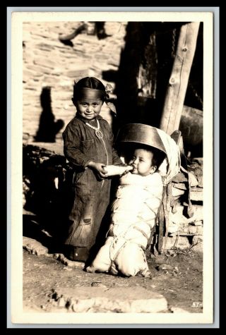 Two Native American Children Feeding In Papoose Rppc Real Photo Postcard