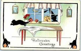 1910s Whitney " Halloween Greetings " Postcard Black Cat Scared By Witch In Window