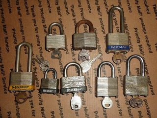 5 Vintage Master Lock & 3 Chinese Padlocks W.  Keys - Locksmith Security