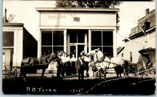 Rppc Photo Postcard " P.  O.  Force 1915 " Post Office / Mail Delivery Wagons Horses