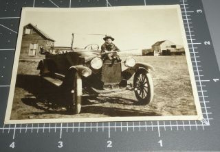Boy W/ Shotgun Rifle Sitting On Car Automobile Sd Farm Vintage Snapshot Photo
