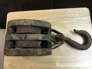 Antique Wood Double Block And Tackle With Anvil Logo