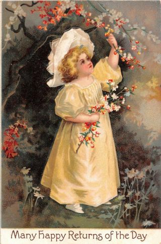 Adorable Little Girl In Yellow Dress Picking Blossoms On Old Birthday Postcard