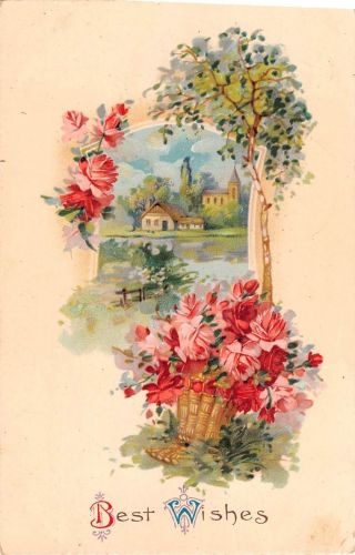 Basket Of Pink Roses Around River Scene On 1912 Gelatin Best Wishes Postcard