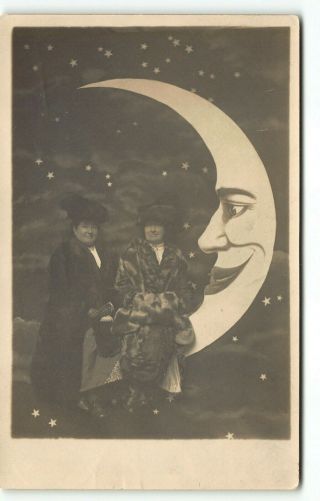1914 Twins or Look Alike Women on Studio Paper Moon Man RPPCReal Photo Postcard 2