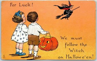 Vintage 1915 Halloween Postcard Boy Girl Jol Flying Witch Tuck 