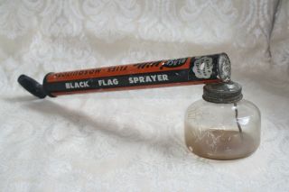 Vintage Antique Wood Handle Black Flag Hand Pump Fly Bug Sprayer Glass Tank