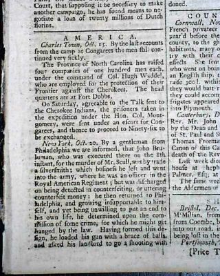 French And Indian War W/ Charleston Sc & Cherokee Indians 1760 Old Newspaper