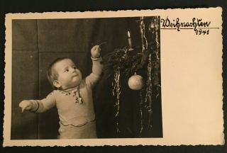 Vintage 1941 B&w Rppc Photo German Baby Christmas Card Note On Back 3457