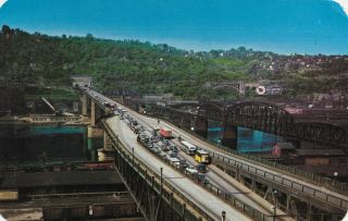 Liberty Bridge,  Pittsburgh Pennsylvania Pa Postcard,  Old Cars,  Railroad