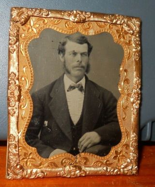 1/9th Antique Tintype Photo Of Handsome Young Man In Brass Frame