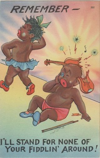 S21 1373 Vintage Linen Black Americana Humor Postcard Boy Girl 1940 