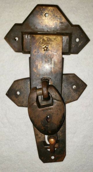 Rare Complete Old Brass Star Crab Padlock Lock Hasp And Latch No Key.