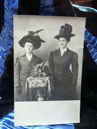Rppc Postcard Photo 2 Ladies Big Hats One With Bird Taxidermy On Hat
