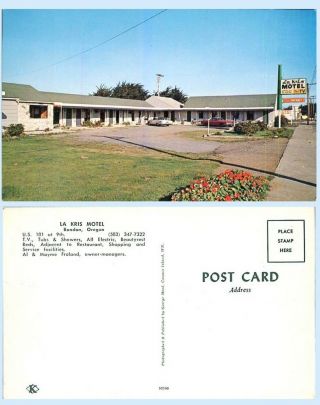 La Kris Motel Bandon Oregon Advertising Postcard Autos Signage