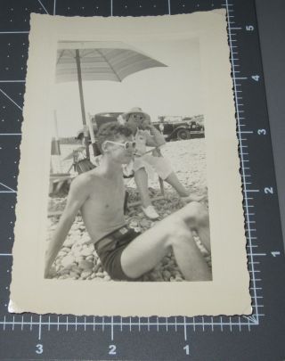 Handsome Shirtless Man W/ Retro Sunglasses Beach Swimsuit Umbrella Vintage Photo