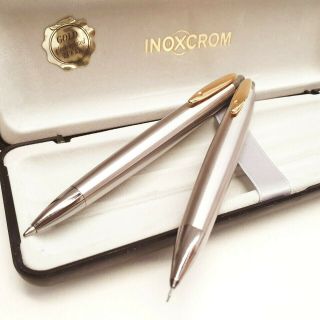 Inoxcrom Mechanical Pencil 0.  5mm Ballpoint Pen Set Gold Plated Vintage 1980 