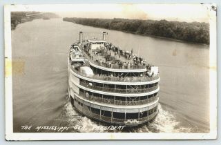 Mcgregor Iowa Birdseye Mississippi Steamer President Folks On Top Deck 1946 Rppc