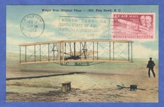 Wright Bros,  Plane,  Kitty Hawk Nc,  Linen Maximum Postcard 1953