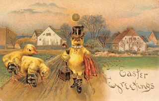 Lp64 Easter Postcard Dressed Chick Fantasy Cane Top Hat Boots