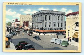 Postcard Ca Marysville D Street View Old Cars Stores Vintage Linen R63
