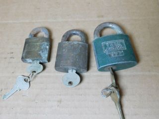 Three (3) Vintage Padlocks W/keys Sargent Corbin Yale Junior All