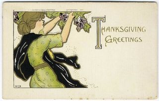 Thanksgiving Woman Picking Grapes Harvest By M.  E.  B.  Postcard C 1910 Art Nouveau