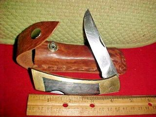 Vtg Gerber Usa Lockblade Knife Portland,  Or 97223,  Brass/wood W/leather Sheath
