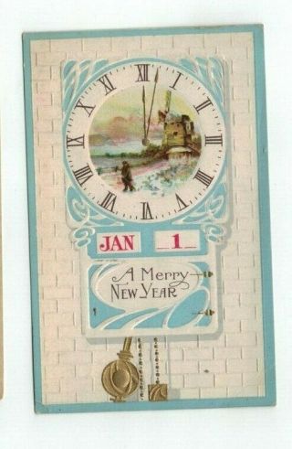 Antique Embossed Years Post Card Clock Face Gold Foil Accent Trim