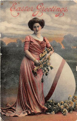 Lovely Elegant Lady Leaning On Huge Egg With Flowers - Old Easter Postcard