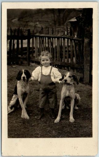 Vintage Rppc Real Photo Postcard Smiling Girl W/ Two Dogs In House Yard C1910s