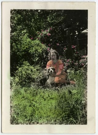 1936 Woman In Garden With Pet Dog Hand Tinted Flowers Vintage Snapshot Photo