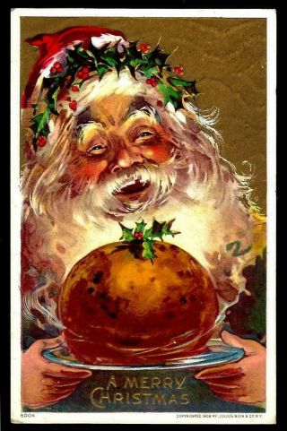 Santa Claus With Crown Of Holly & Plum Pudding Antique Christmas Postcard - C497