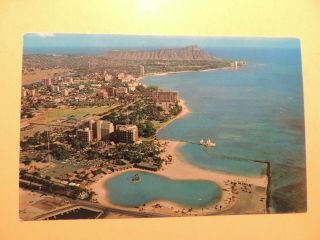 Waikiki Beach Diamond Head Honolulu Oahu Hawaii Aerial View Vintage Postcard