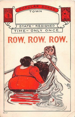 Comic 1914 Pc - Man Straining To Row Fat Lady In Boat - Popular Songs - Row,  Row,  Row