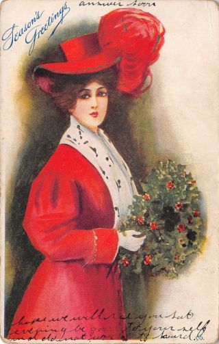 Lillian Woolsey Hunter Christmas Lovely Lady In Red Coat & Hat Holds Wreath 1905