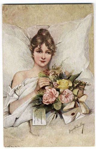 Lovely Lady Lounging In Bed With Bouquet Of Flowers Postcard C 1910 Romance