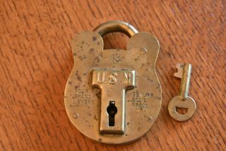 Vintage Usn Us Navy Solid Brass Four Lever 13 Padlock Lock W/ Key Morgan & Sons
