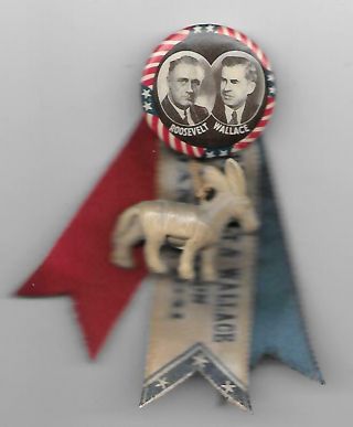 Roosevelt Wallace Jugate Ribbon Hanger Inauguration 1941 Pinback Button Pin