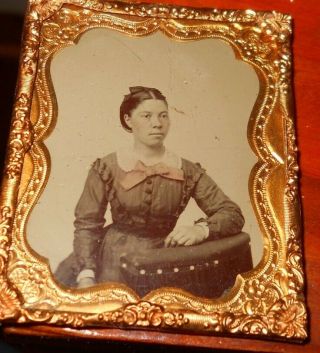 Antique 1/9th Plate Tintype Photo Of Lady In Brass Frame Pink Bow