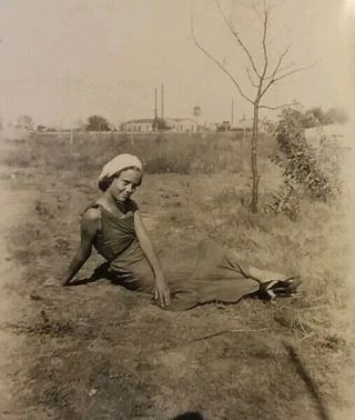 Vintage Old 1946 Photo Of Preteen Girl Posing In Moms Shoes Trying To Look Older