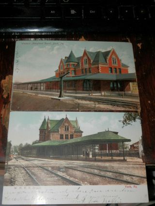 York Pa - 2 Rare Old Postcards - Western Maryland Depot - W.  M.  R.  R.  Depot