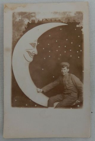 1912 Rppc Young Army Soldier Sitting On Paper Moon W/stars Real Photo Postcard