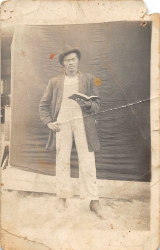 F34/ Black Americana Postcard C1910 Man With Book Rppc Real Photo 23