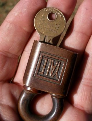 Vintage Yale U.  S.  N.  Electric Brass Push Lock 3829 W/original Matching Key 3829